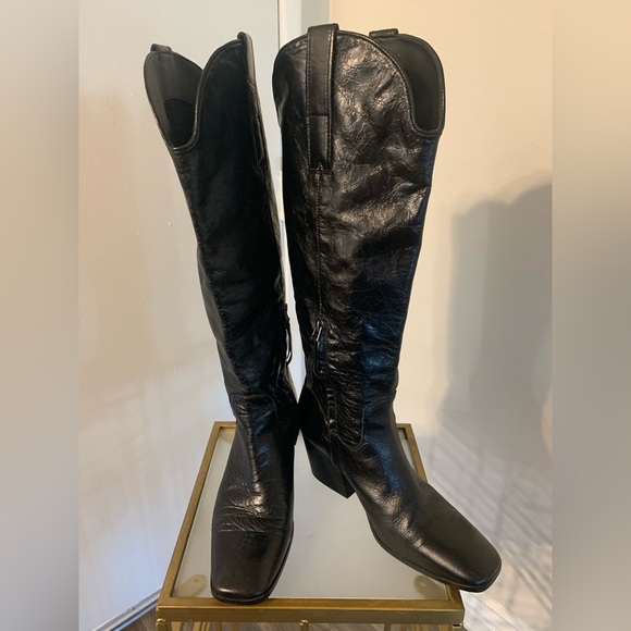 Sam Edelman Tall Leather Black Boots Size 8 - Picture 1 of 6
